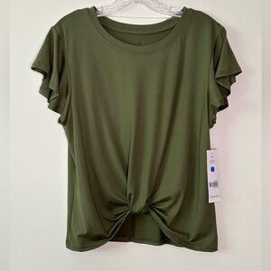 Just be…  NWT Olive green pullover top w/front knot and flutter sleeves Sz Large